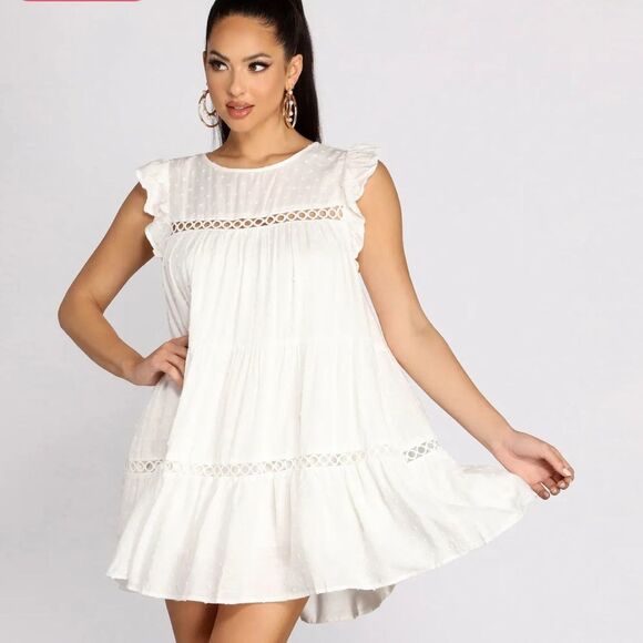 NWT Aakaa White Sleeveless Flutter Swiss Dot Baby doll Mini Sundress w/Pockets S - Picture 2 of 16